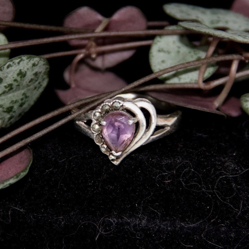 Sterling Silver 925 Pear Amethyst Marcasite Heart Bypass Ring Size 7